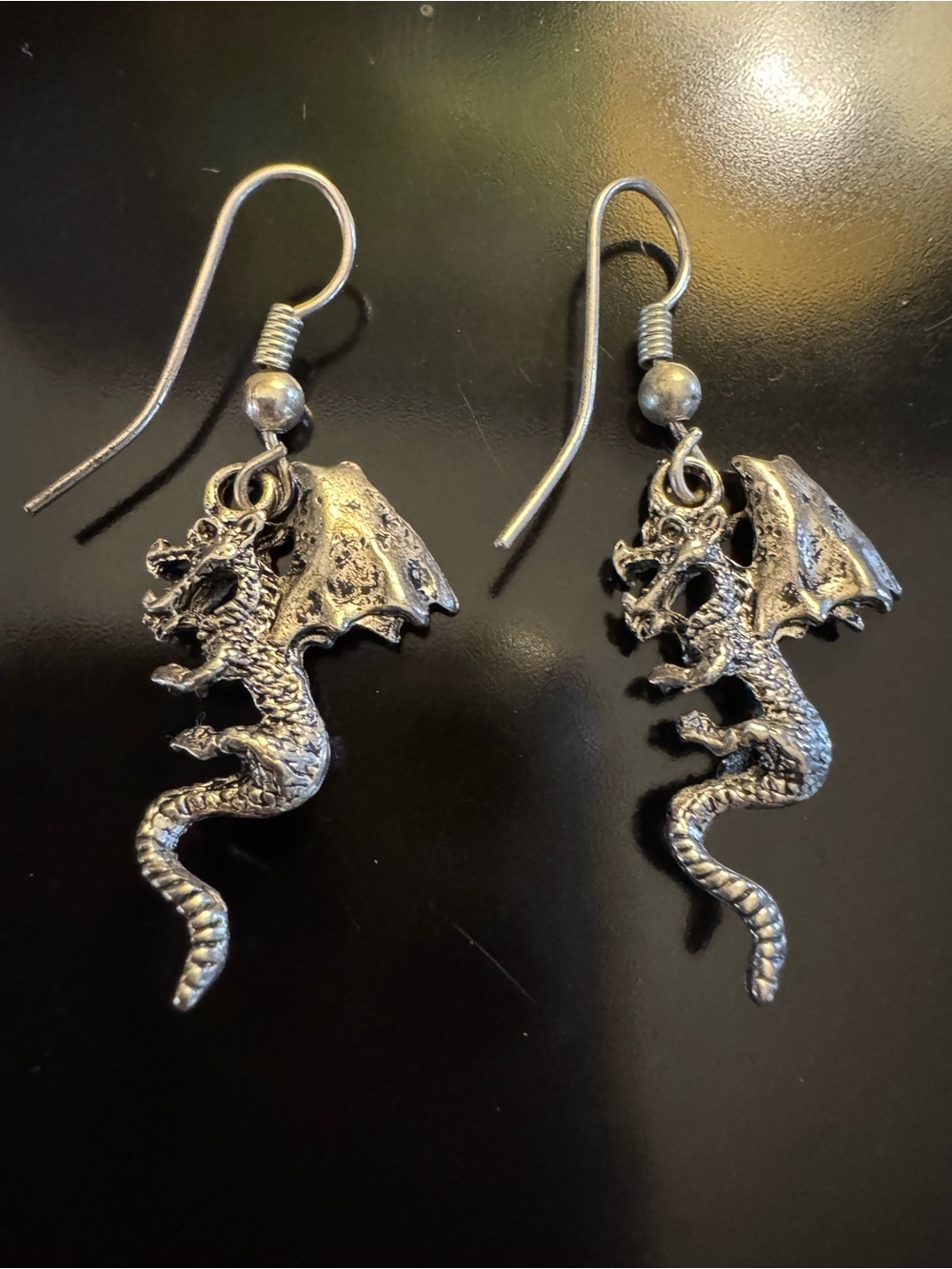 Silver Tone Dragon Dangle Earrings Fantasy Gothic Medieval 2”